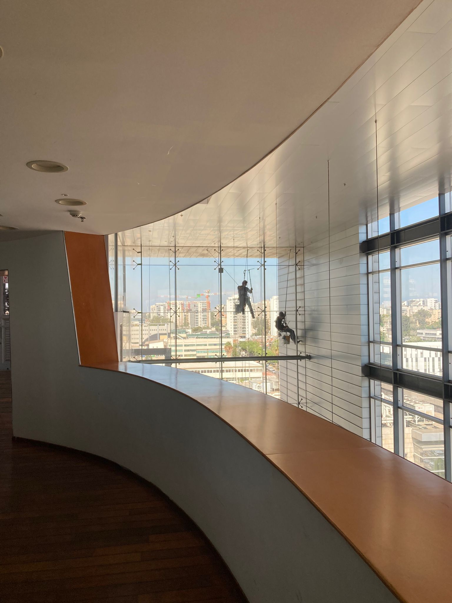 שני עובדים בסנפלינג מנקים קיר מסך מבחוץ, נוף לעיר ברקע